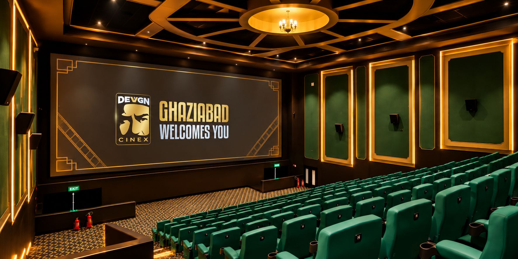 Cinema auditorium with a Ghaziabad welcome screen
